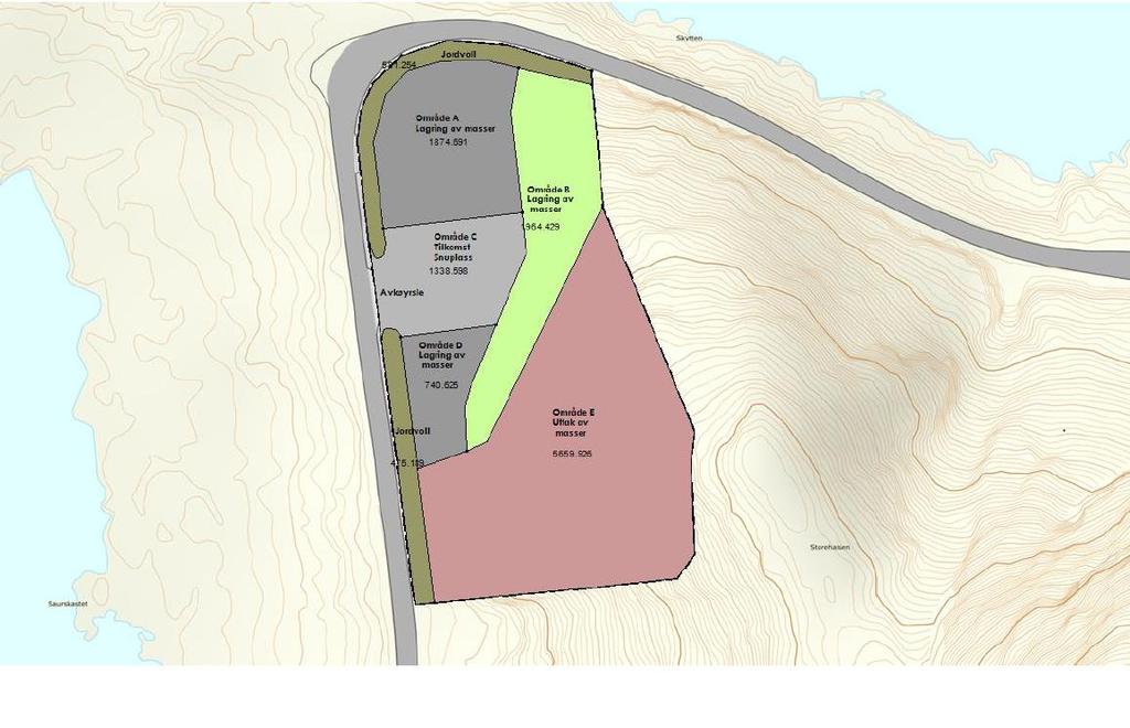 4 Kort om tiltaket Tiltak vil innebere mellomlagring av overskotsmasser (reine masser) som blir transportert til området.