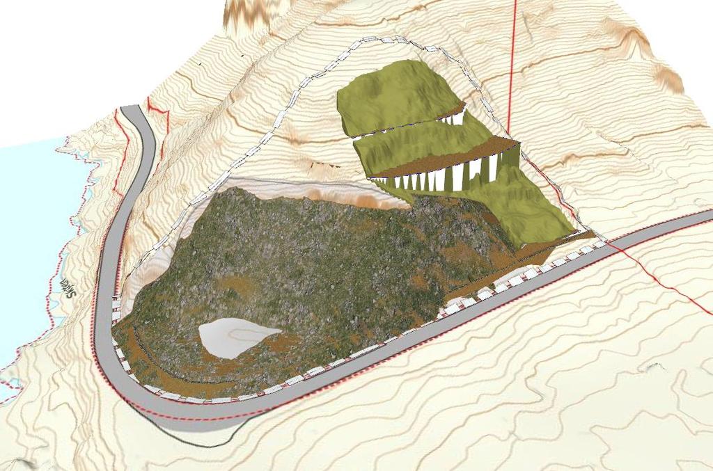 5 3D illustrasjon av re-etablering av området deponi Uttaksområde stein Grunngjevinga for dispensasjon vil vere: Vi meiner vilkåra for å gi dispensasjon er til stades i denne saka.