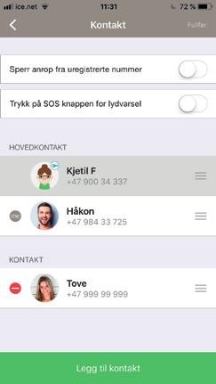 Kontakter 3 5 1 2 4 6 1. Her kan du sperre for anrop fra de som ikke er godkjente i hovedkontaktens App. Dersom denne ikke er aktivert, kan alle nummer ringe XPLORA. 2. Dersom denne funksjonen er slått på, vil klokken avgi en høy sirene når brukeren trykker på SOS knappen.