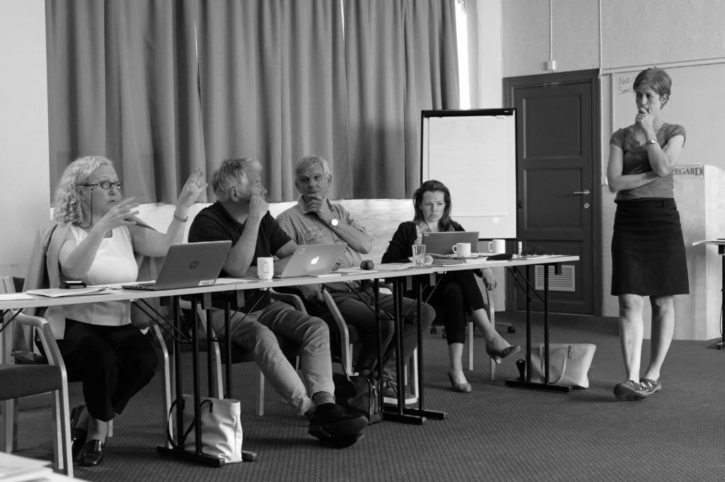 Figur 3: Livlig paneldiskusjon. Fra venstre Betty Pettersen, Geir Arild Espnes, Gunnar Tellnes, Hanne Valeur og Ingvild Fossgard Sandøy. (Foto.