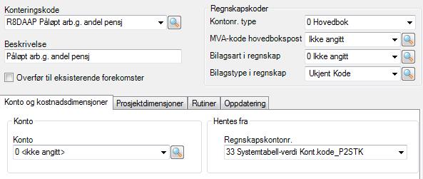 Avvikende kontering av arbeidsgivers andel Dersom kontering av arbeidsgivers andel skal være forskjellig for de ulike ordningene, må det opprettes forskjellige systemvariabler av konteringskode under