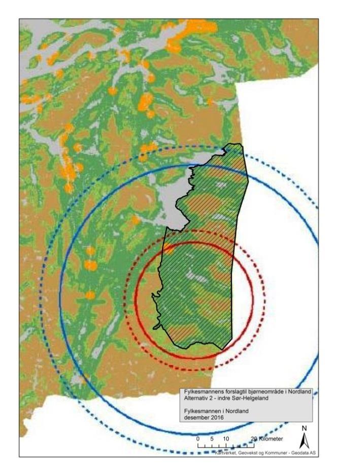 Ut fra dette vurderer sekretariatet at det er tre mulige alternativer til forvaltningsområde for bjørn i Nordland: 1. Indre Salten 2. Indre Sør-Helgeland 3.