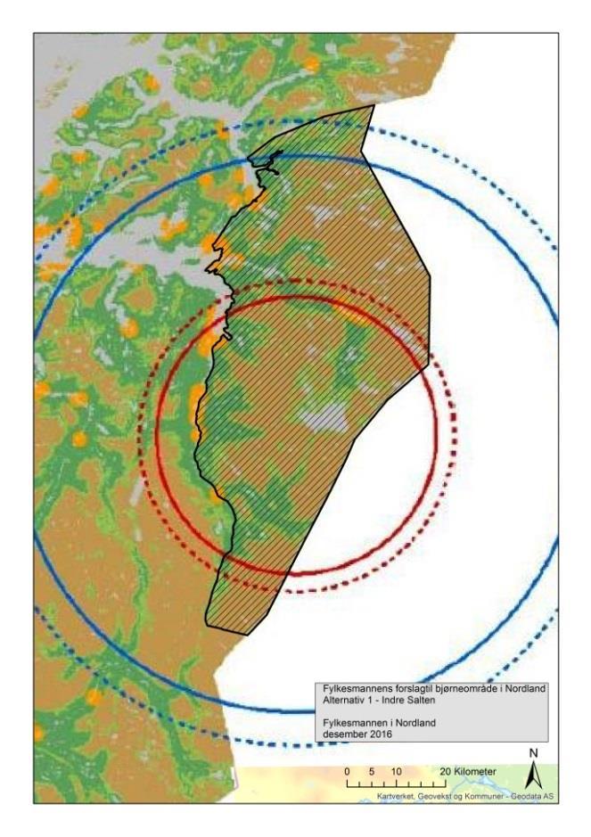 I kartene er det også vist eksempler fra Det skandinaviske bjørneprosjektet på egnede arealer for en bjørnepopulasjon på 14 bjørner i Nordland, der sirklene illustrerer behovet for areal av skog og