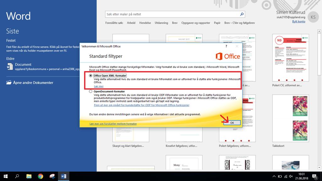 11. Huk av på «Office OpenXML-formater» og trykk på «OK» Gratulerer, du har nå innstallert og aktivert Office.