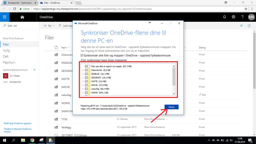 8. Du vil få opp en liste over dokumenter og mapper som allerede er inne på OneDrive mappen din.