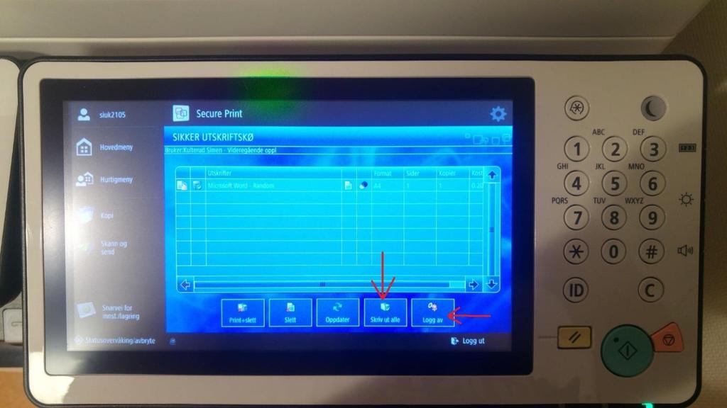 12. Dersom dokumentet har kommet opp på listen kan du trykke på «Skriv ut alle». Dokumentet/ene vil da bli skrevet ut og du kan logge ut ved å trykke på «Logg av».