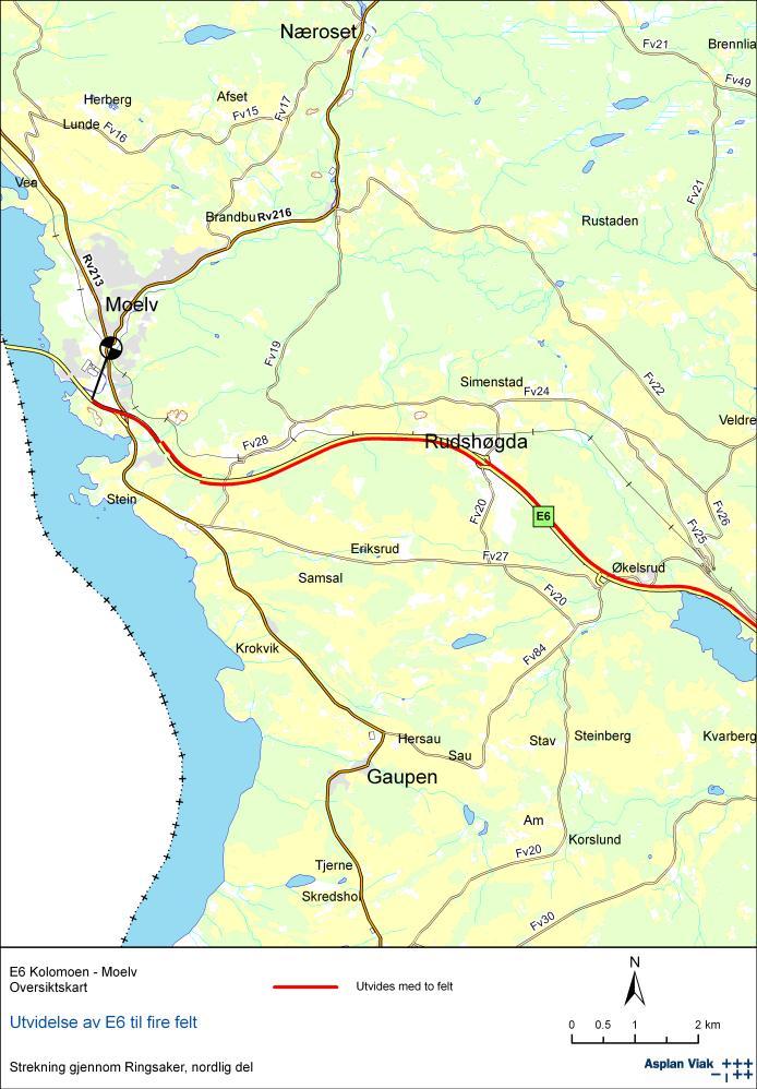 Figur 11: E6 i Ringsaker kommune. Brumunddal Rudshøgda Fra Brumunddal utvides E6 mot vest videre fram til Pellervikakrysset.