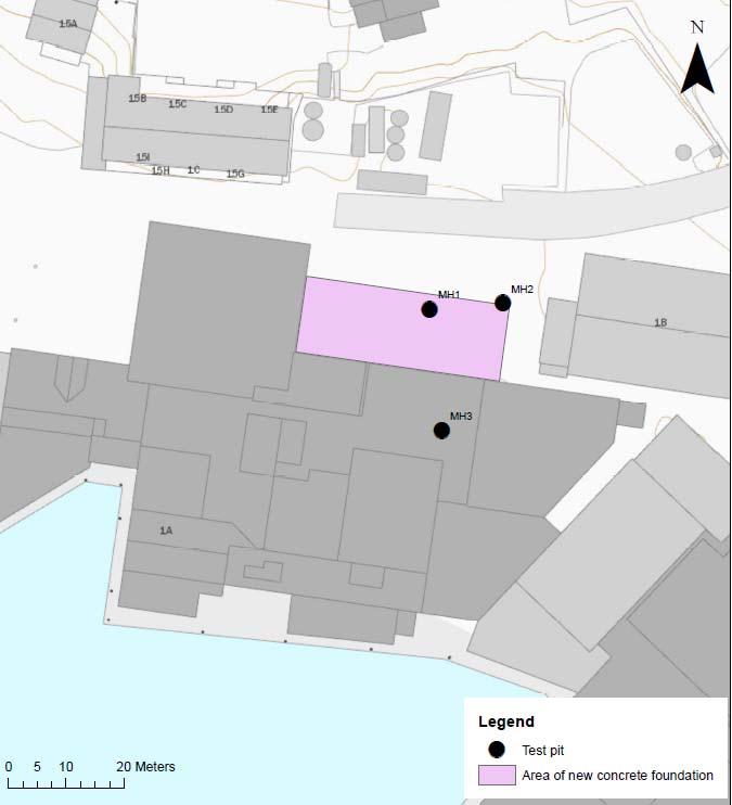 Myre Harbour Environmental ground investigation multiconsult.no 3 Scope of Works Figure 3-1: Test pit locations (MH1-MH3). The pink area is the where the new concrete foundation is planned.
