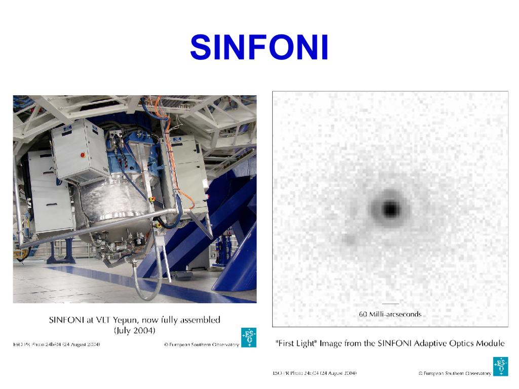 Til venstre ser vi instrumentene i for et av instrumentene på Paranal, SINFONI, som har adaptiv optikk. Til høyre vises det første bildet tatt med SINFONI.
