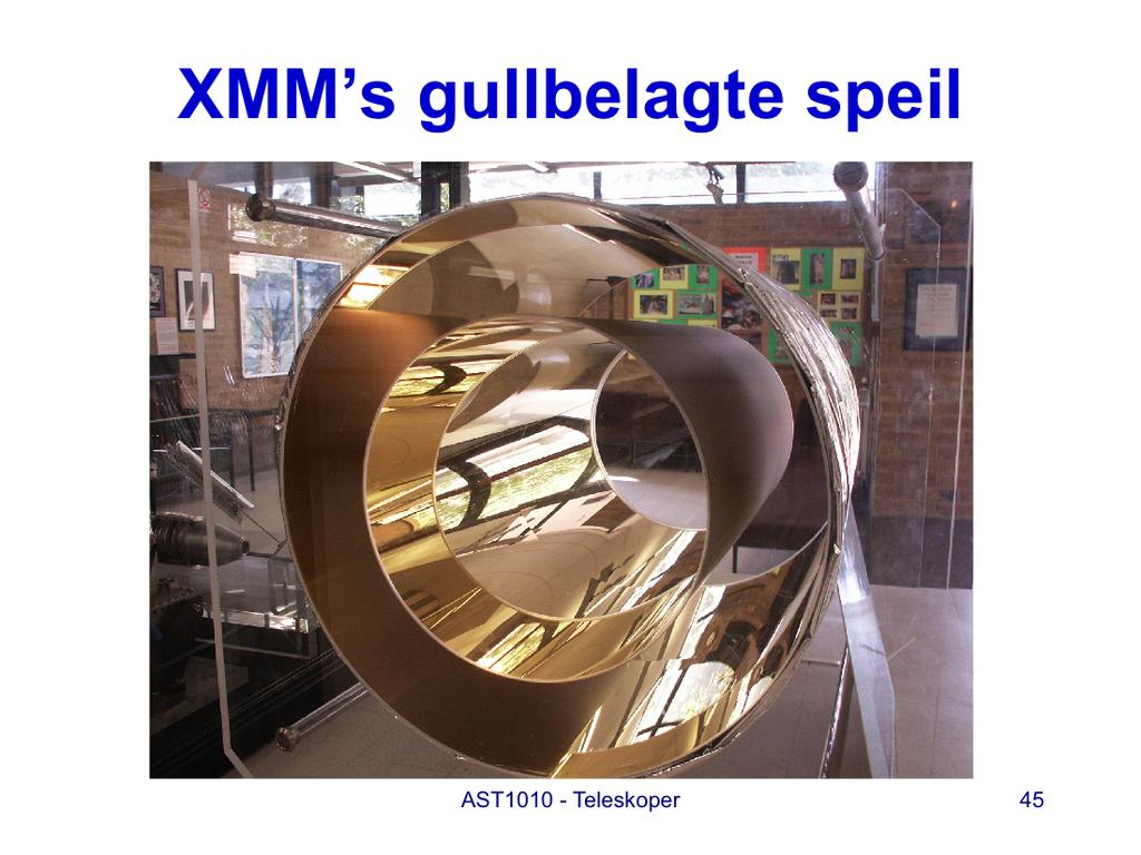 Figuren viser de store gullbelagte speilene til XMM Xray Multi-Mirror Mission.