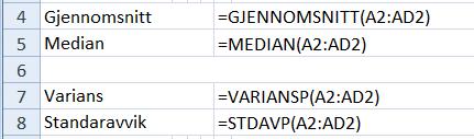 Her ser du formlene som er brukt: Legg merke til at vi bruker kommandoene VARIANSP og STDAVP for å