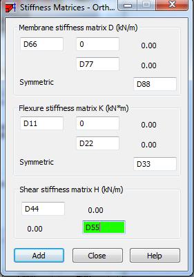 FormembranstivhetblirmatrisenD%lik: D66 0 0 $ # & D = # 0 D77 0 & # 0 0 D88 & " % ForbøyestivhetblirmatrisenK%lik: D11 0 0 $ # & K = # 0 D22 0 & # " 0 0 D33 & % ForskjærstivhetblirmatrisenH%lik: H =