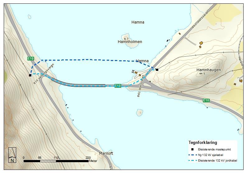 Vår referanse: side 5 av 7 Figur 4 Trasé for ny sjøkabel over Sundklakkstraumen. Grunneiere og rettighetshavere Bortsett fra Statens vegvesen og Lofotkraft selv vil tiltaket berøre to grunneiere.