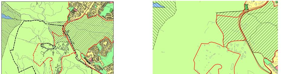Figur 1. Illustrasjonene over er hentet fra planbeskrivelsen til områdeplanen der ny og gammel markagrense er vist med rød linje.