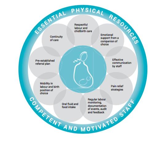 1.3.9 WHO s intrapartum model. WHO (2018) har laget en modell for fødselsomsorg med utgangspunkt i deres anbefalinger i retningslinjene (se figur 2).