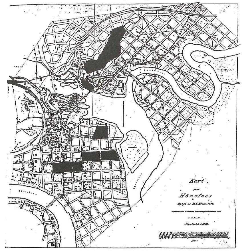 Hønefoss andre reguleringsplan fra 1897 med friområder inntegnet Industriutbygging rundt fossen og oppgangstid Behov for flere boliger, NB doblet folketall fra 1855 til 1900 fra 830 til 1979 Rutenett