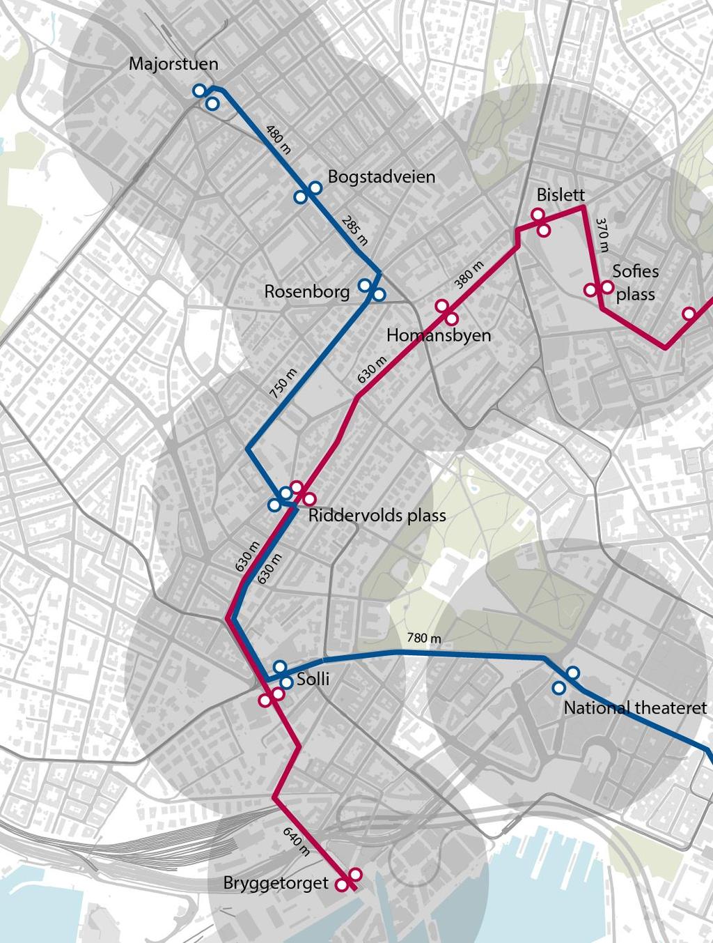 3.2 NY HOLDEPLASS PÅ RIDDERVOLDS PLASS OG SOLLI Muligheter:» Ny trasé gjør det mulig for buss og trikk å betjene Solli.