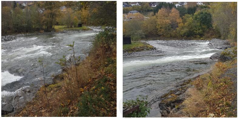 11 Tabell 3-1: Manningstall,n-verdier, som er brukt i HecRas modellen. Elv Hovedkanal Boligområde Skog Storelva 0,025 0,08 0,15 Figur 3-2: Bilder av Storelva langs planområdet. 3.3 Grensebetingelser Vannføringen fra flomberegning er brukt som inngangsdata i den hydrauliske modellen (stasjonær strømning).