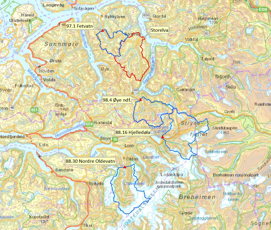 6 88.30 Nordre Oldevatn ligger ca. 57 km sør for Storelva. Nordre Oldevatn har høyere feltareal, høyere middelavrenning og høyere effektiv sjøprosent sammenlignet med Storelva nedbørfelt.