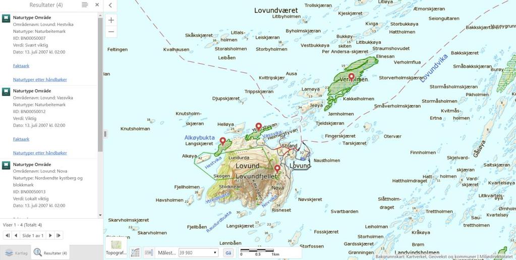 Ingen spesielle naturtyper er registrert på Naustholmen. Figur 8 Viktige naturtyper i området rundt Naustholmen. Målestokk: 1: 40 000. Kilde: Miljødirektoratet via gislink.