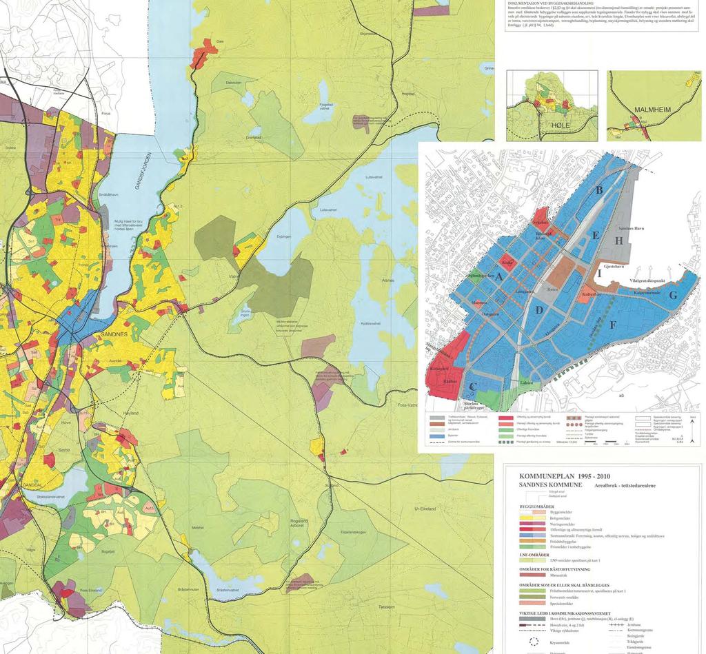 OMSTILLING 1980-2000 Kommuneplan for Sandnes - perioden 1995-2010, vedta av Sandnes Bystyre 29. august 1995 Sentrum har få eget formål og er viet et eget plankart.