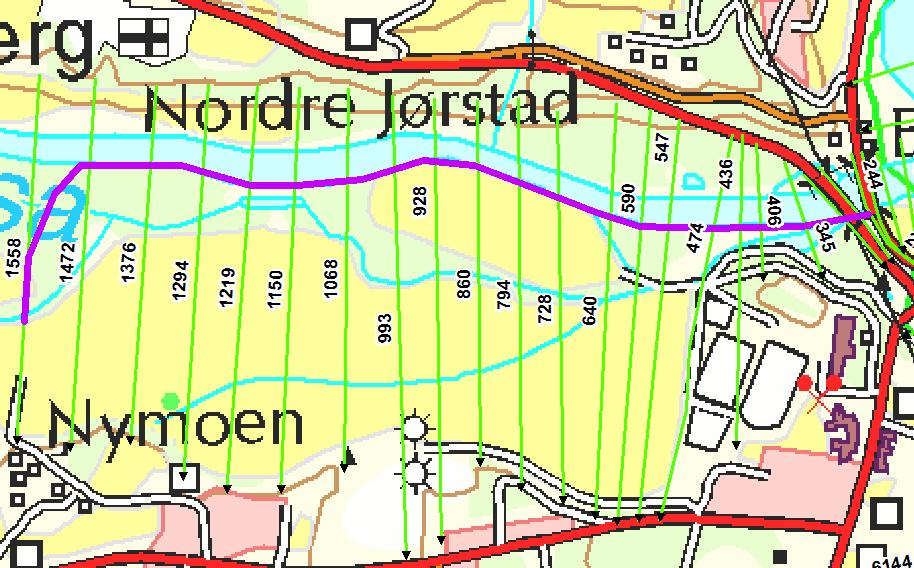 nederst ved Gausa. Figur 38. Skisse over vurderte flomvoller i nedre deler av Gausa.