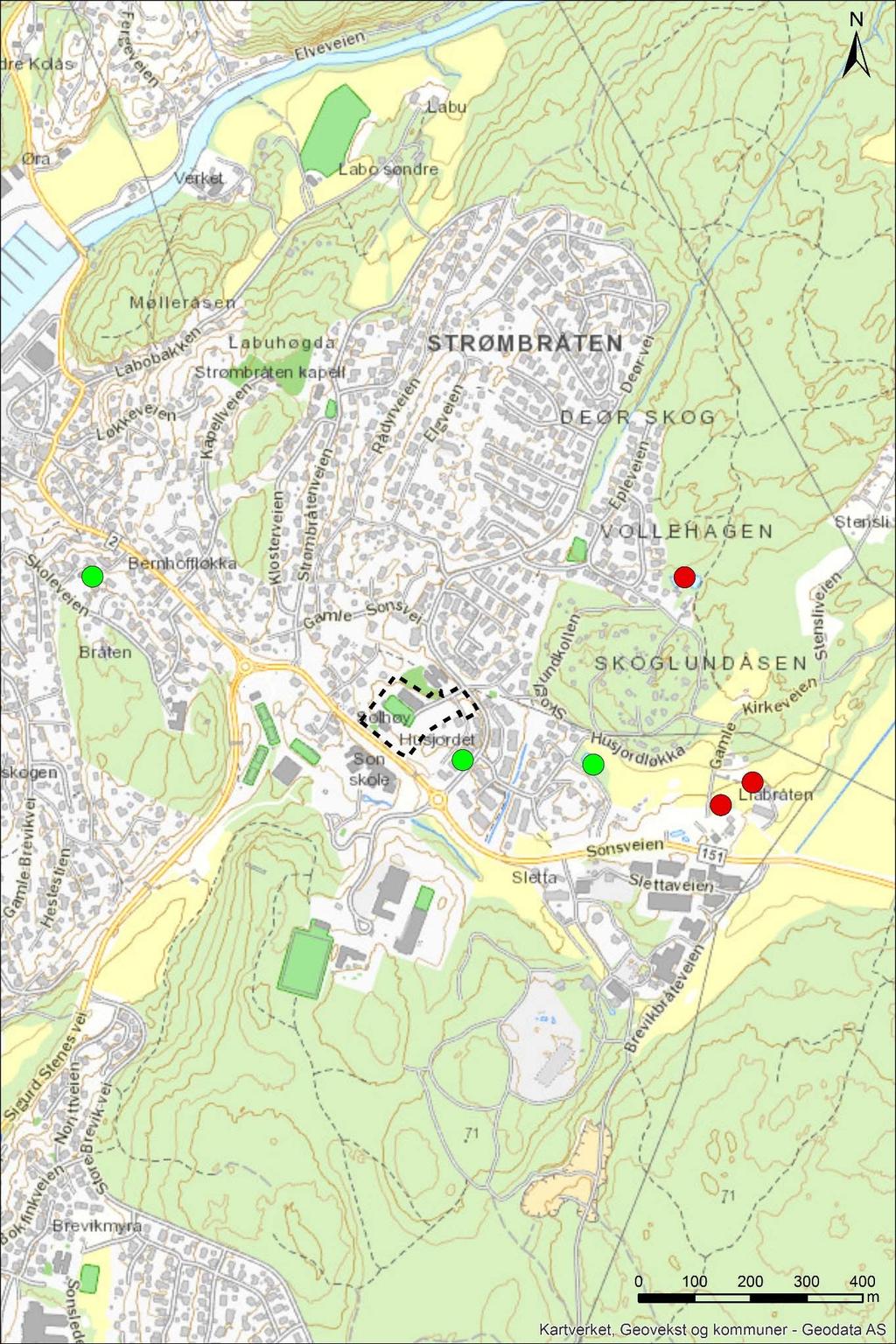 Figur 5-8: Kart som viser registrerte dammer med småsalamander (grønn sirkel) og storsalamander (rød