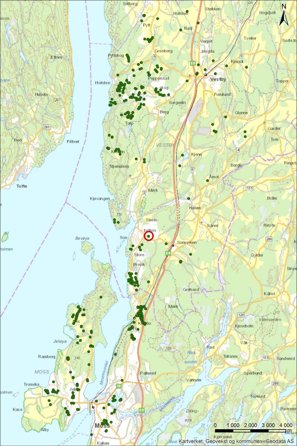 Figur 6-2: Kart som viser registrerte hule eiker i Vestby og Moss kommune (grønt punkt).