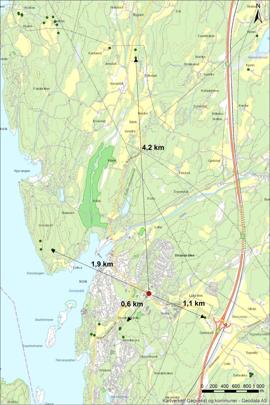 Figur 6-3: Avstander fra hul eik på Solhøy til naboeiker