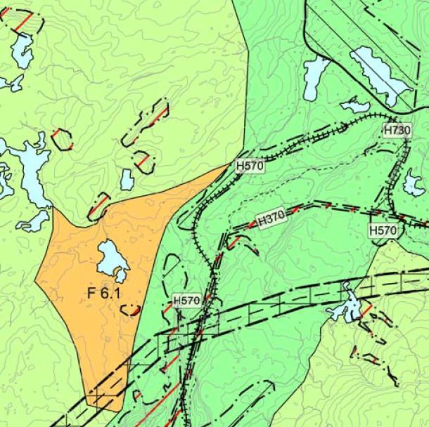 Figur 1 Utklipp fra kommuneplanens arealdel. Planforslaget vil hovedsaklig omfattes av område F 6.