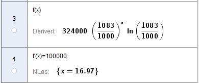 Deriverer funksjonen i GeoGebra, og løser likningen Produksjonsveksten vil først være større enn