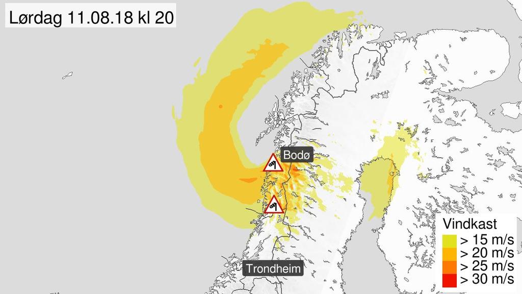 Fra lørdag morgen ventes vestlig sterk kuling med lokalt kraftige vindkast 25-30 m/s. Minkende vind lørdag kveld og natt til søndag.