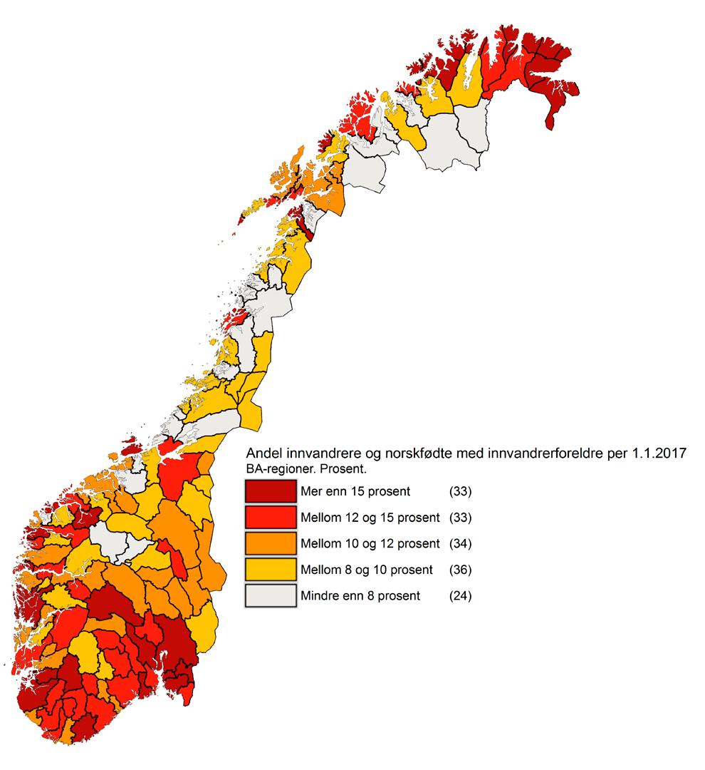 6 Demografi og befolkningsutvikling Figur 6.11 Andel innvandrere og norskfødte med innvandrerforeldre i BA-regioner. 1.januar 2017. Prosent. De fleste fylker har et innenlandsk flyttetap Tabell 6.