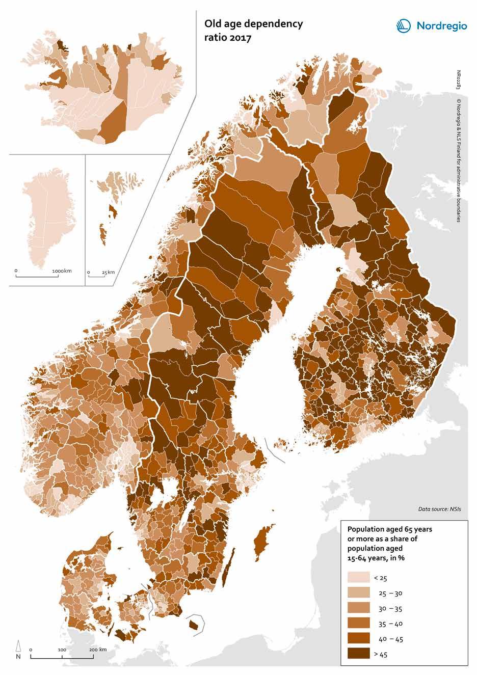 6 Demografi og befolkningsutvikling Figur 6.18 Forsørgerbyrden for eldre (old-age dependency ratio) 2016 i nordiske kommuner.