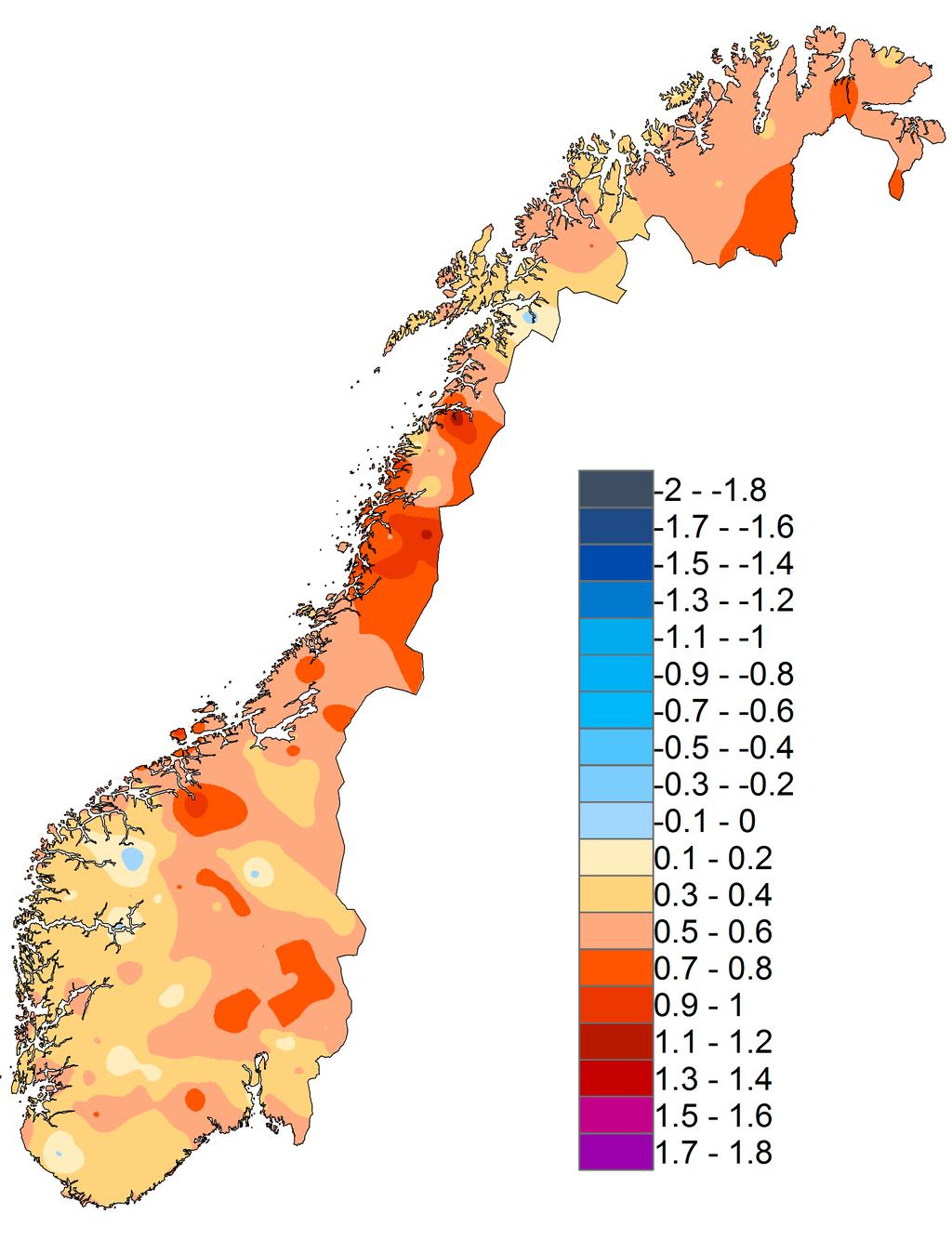 7 Natur, klima og miljø Figur 7.10 Temperaturavvik for perioden 1985-2014 sammenlignet med 1971-2000. Prosent. Kilde: Norsk klimaservicesenter. 7.4 Klimaendringer Mildere vær og mer nedbør Årsmiddeltemperaturen har økt med ca.