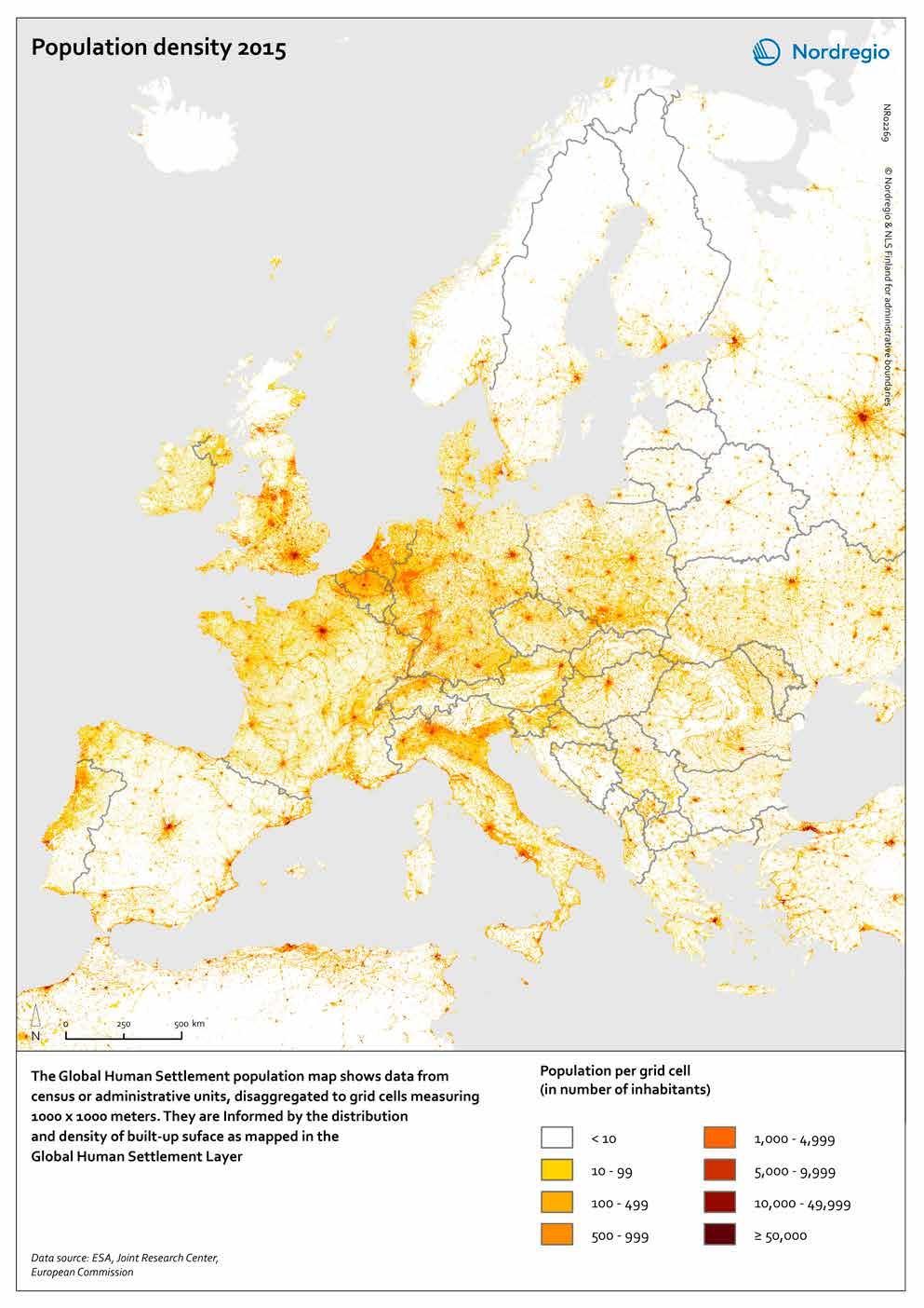 Figur 2.2 Befolkningstetthet per individuell kvadratkilometer i Europa.