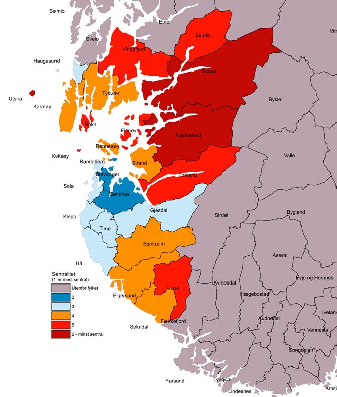 8 Fylkesvise oppsummeringer 8.6 Rogaland Figur 8.21 Kart over kommuner i Rogaland etter sentralitet.