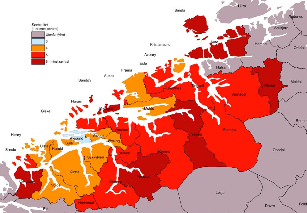 8 Fylkesvise oppsummeringer 8.8 Møre og Romsdal Figur 8.29 Kart over kommuner i Møre og Romsdal etter sentralitet.