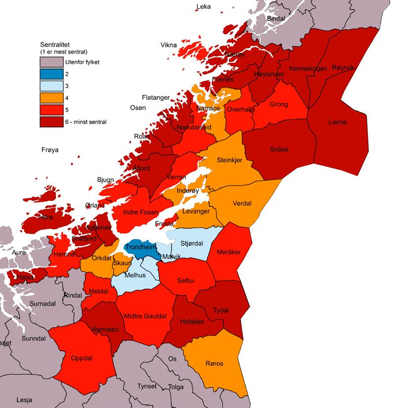 8 Fylkesvise oppsummeringer 8.9 Trøndelag Figur 8.33 Kart over kommuner i Trøndelag etter sentralitet. Geografi og bosetting Målt i antall innbyggere er Trøndelag det femte største fylket.