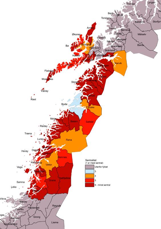 8 Fylkesvise oppsummeringer 8.10 Nordland Figur 8.37 Kart over kommuner i Nordland etter sentralitet. Geografi og bosetting Målt i antall innbyggere er Nordland det minste fylket.