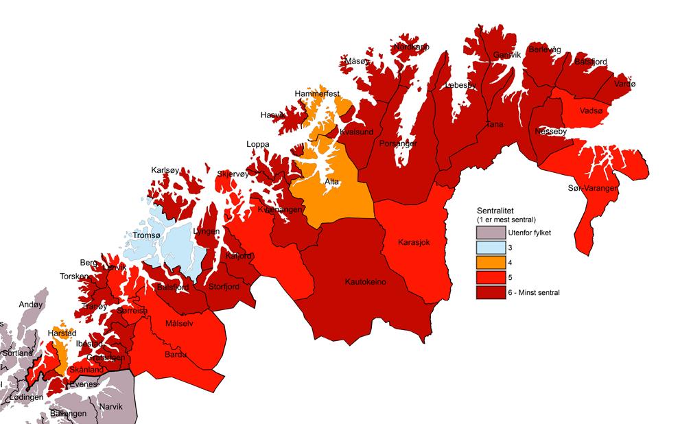 8 Fylkesvise oppsummeringer 8.11 Troms og Finnmark Figur 8.41 Kart over kommuner i Troms og Finnmark etter sentralitet.