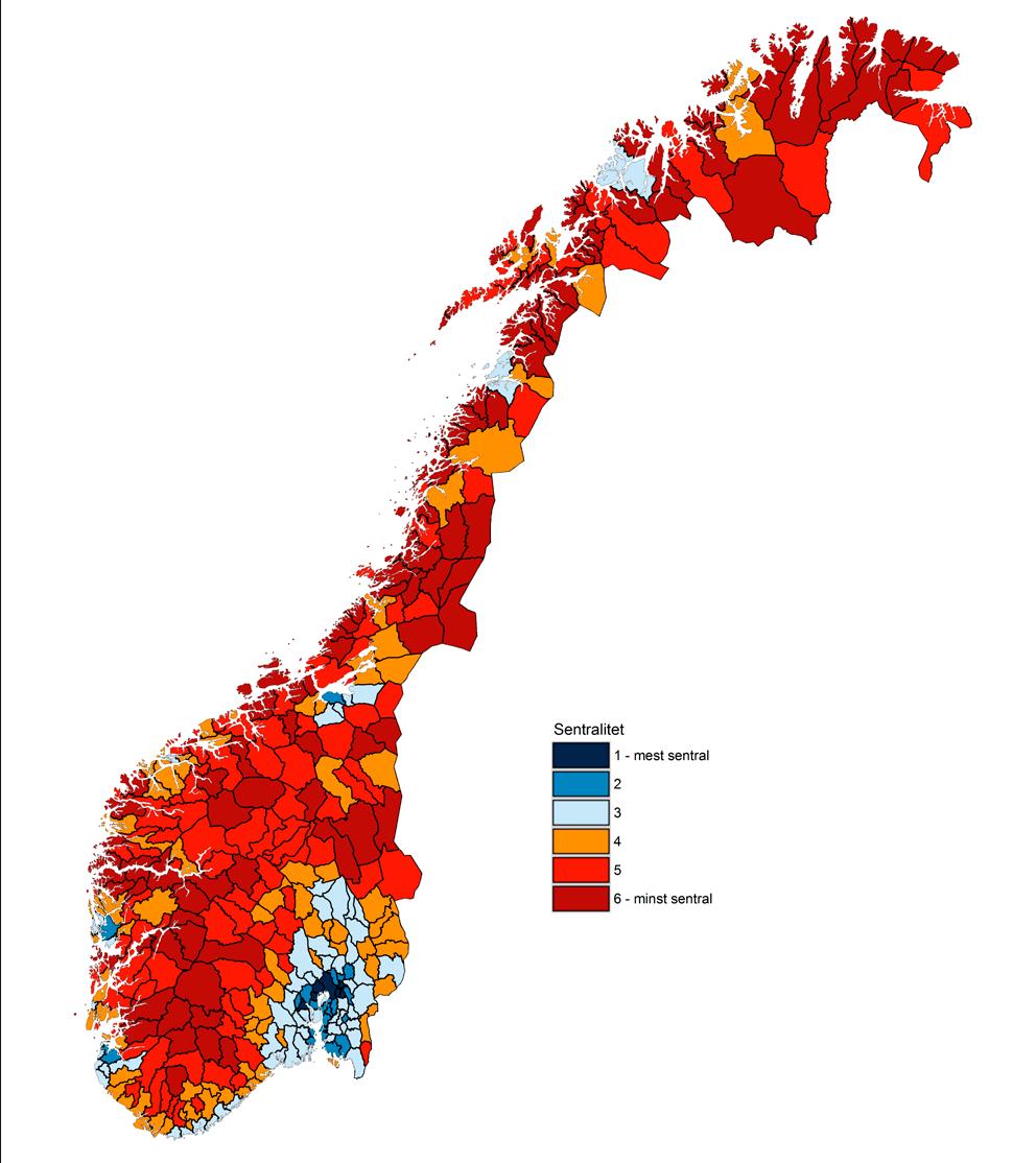 2 Geografi, analyseenheter og hovedtemaer Figur 2.5 Kommuner etter sentralitet. Kart: KMD. Den laveste verdien på indeksen har Utsira med 295.