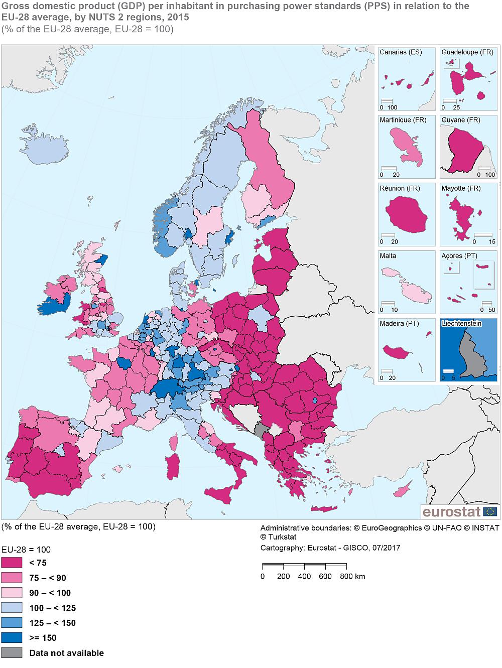 3 Økonomisk vekst og næringsutvikling ner med høyt BRP per innbygger hovedsakelig der hovedstedene ligger, men også i nord-østre deler av Spania og i Skottland.