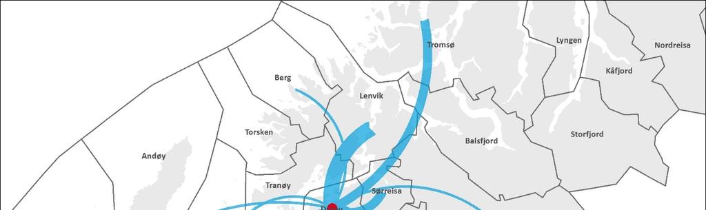 PENDLING FRA DYRØY Illustrasjon 2: Kartet viser en oversikt over utpendling fra Dyrøy til omkringliggende kommuner i