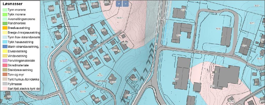 4 Figur 3.1 NGUs kvartærgeologiske kart [5] med område hvor nytt bygg er planlagt markert med rød sirkel. Berg i dagen registrert under befaring er også tegnet inn på kartet. 3.3 NVE Atlas, definerte faresoner og hensynssoner Det er ifølge NVEs Atlas [1] ikke kartlagt faresoner for kvikkleireskred i nærområdet.