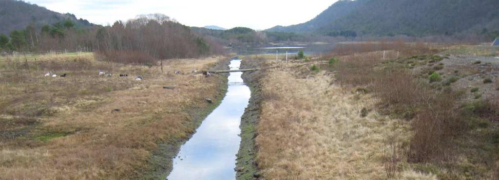 Figur 8 Sætrevatnet med kanalen ved ein anslått vasstand på i overkant av 19,5. Vasstanden i Vassetvatnet ligg til vanleg opp mot 19,9 moh.
