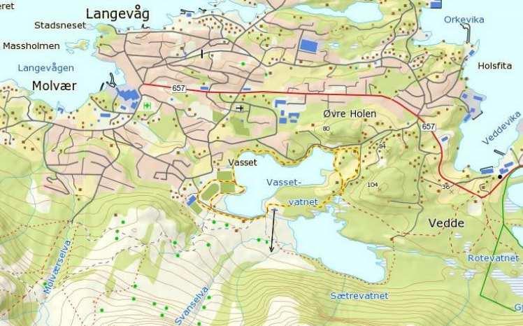 Figur 1 Sætrevatnet ligg sør-aust for Vassetvatnet, sør-aust for Langevåg. 1.4 Skildring av anlegget Anlegget er så langt vi veit ikkje konsesjonsgitt.