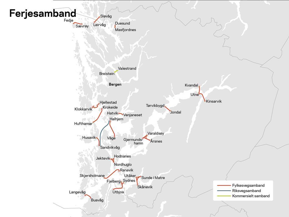 Elektriske ferjer - omfang 17 samband, 21 fartøy og 40 ferjekaier Konkurranse 2016: Minstekrav 55 % CO2-kutt og 25 % energieffektivisering