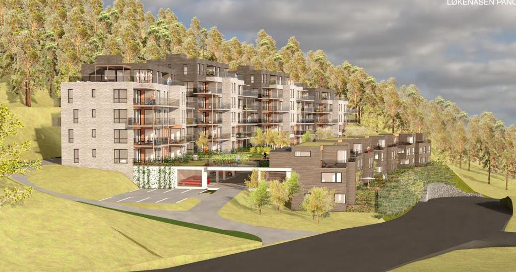 Perspektivskisse fra nord av planlagt bebyggelse Planlagt bebyggelse Område C1 er i gjeldende reguleringsplan Del av Løkenåsen avsatt til terrassert blokkbebyggelse i 5 etasjer.