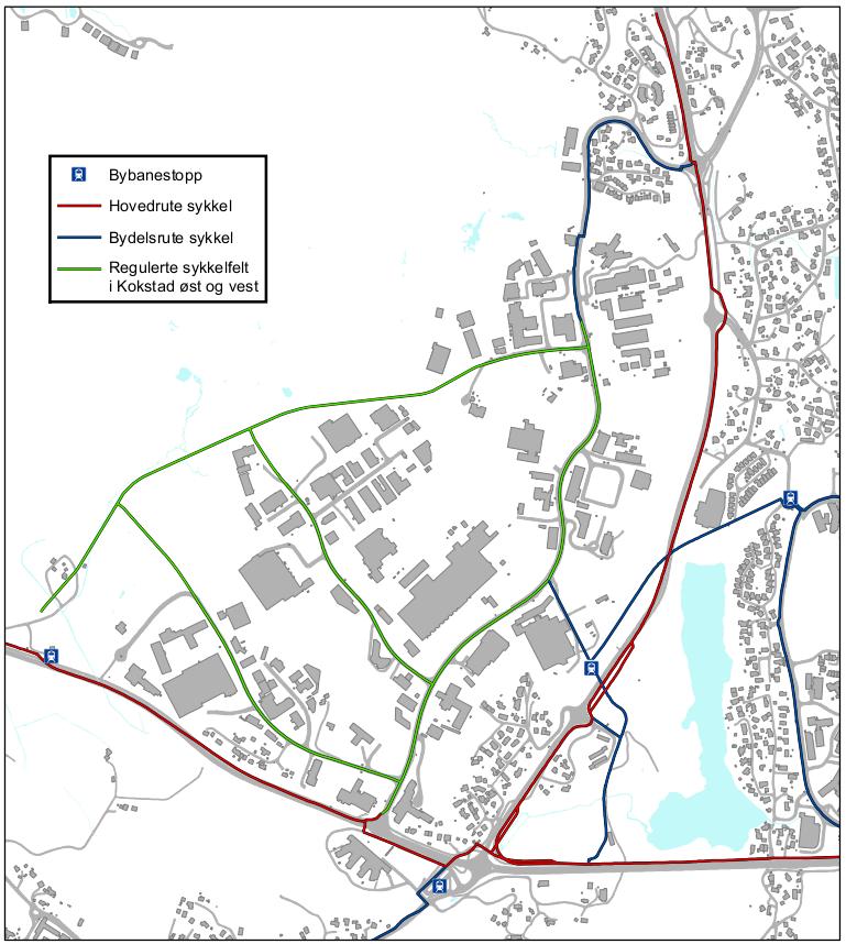 Regulert sykkelfelt i reguleringsplanen knytter seg til hoved- og bydelsruter i Sykkelstrategi for Bergen 5.